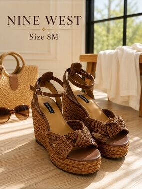 Nine West 8M Cognac Brown Braided Knot Platform Wedge Sandals
